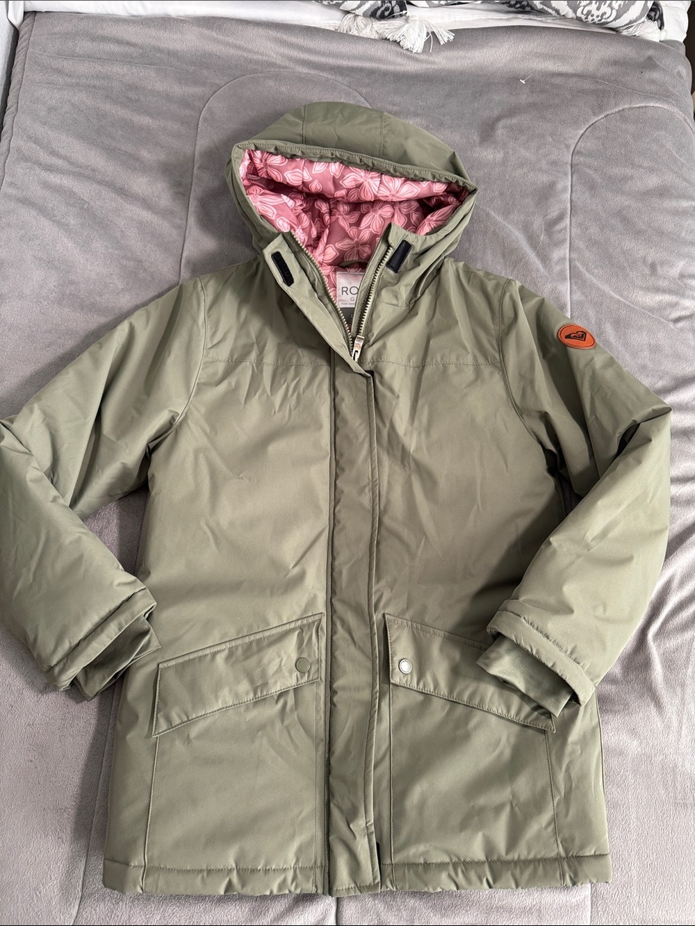 Roxy Girl Olive warm winter parka Jacket with Pink Floral Lining Sz L 14/16